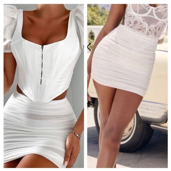 House of CB White Aubrey Ruched Mesh Mini Skirt Small - Picture 2 of 5